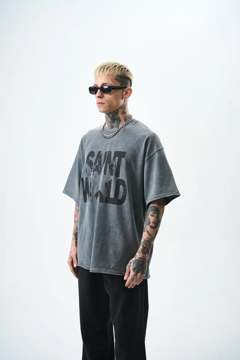 ريسباير تي شيرت رجالي مقاس كبير (Oversize) مغسول بطبعة "Star"، رمادي