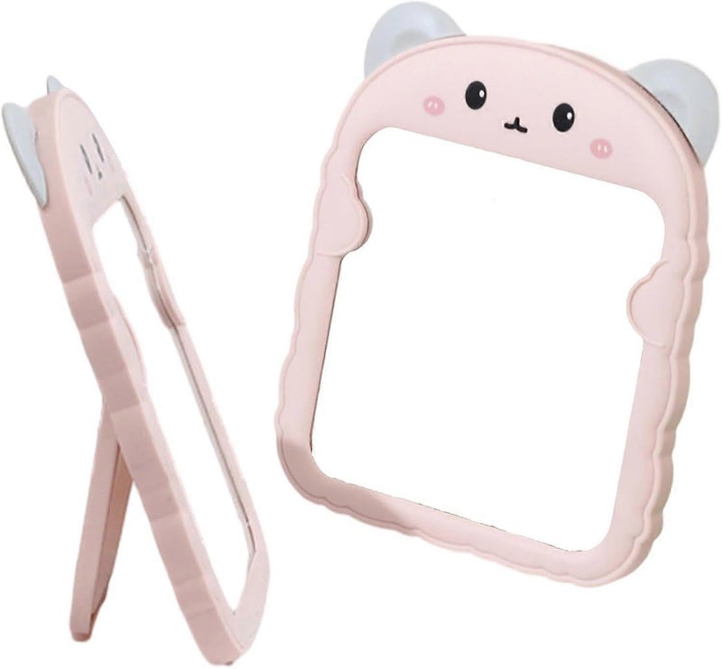 Spooky Cute Makeup Mirror Cartoon Bear Mirror for Desk, Desktop Mirror with Stand for Girls, Kids, Hanging Vanity Makeup Mirror for Bedroom, Bathroom, Office, Dressing Room (A-Pink) - Image 3