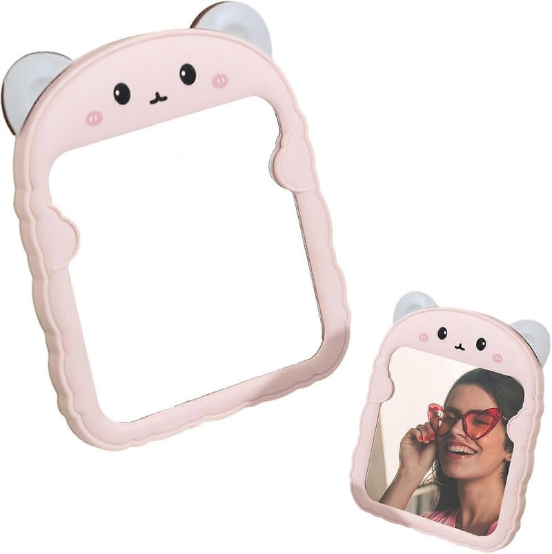 Spooky Cute Makeup Mirror Cartoon Bear Mirror for Desk, Desktop Mirror with Stand for Girls, Kids, Hanging Vanity Makeup Mirror for Bedroom, Bathroom, Office, Dressing Room (A-Pink) - Image 1