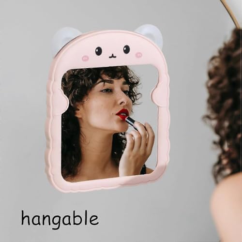 Spooky Cute Makeup Mirror Cartoon Bear Mirror for Desk, Desktop Mirror with Stand for Girls, Kids, Hanging Vanity Makeup Mirror for Bedroom, Bathroom, Office, Dressing Room (A-Pink) - Image 5