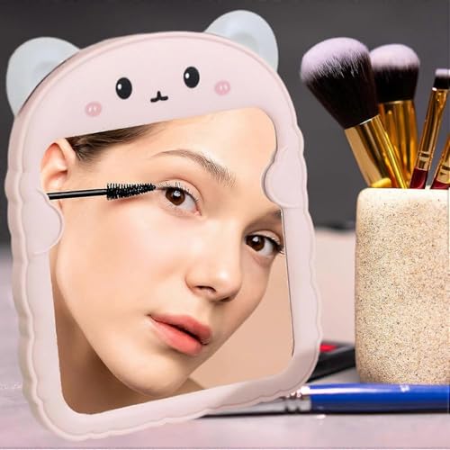 Spooky Cute Makeup Mirror Cartoon Bear Mirror for Desk, Desktop Mirror with Stand for Girls, Kids, Hanging Vanity Makeup Mirror for Bedroom, Bathroom, Office, Dressing Room (A-Pink) - Image 4
