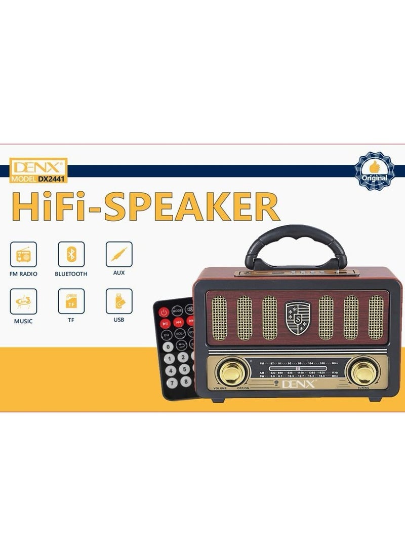 Denx Rechargeable HI-FI Radio with Remote Control, Large Capacity Battery, Portable, Retro Style FM Radio, Support Bluetooth, SD Card Slot, USB and AUX Port  - Image 2