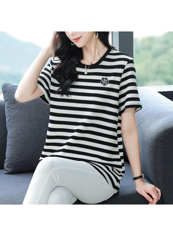 Middle-aged And Elderly Plus Size Women's Summer Black And White Striped T-shirt Women's New Short Sleeve Ice Silk Sweater