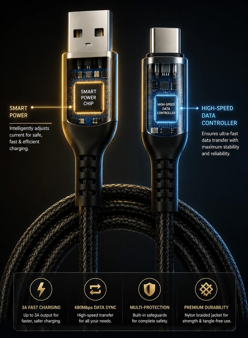 Vierex VC-14 Super Fast USB A to USB C Cable 3.1A Fast Charging Data Cable Durable Braided Charging Cord for Android Devices Tablets Power Banks, 1m - Image 5