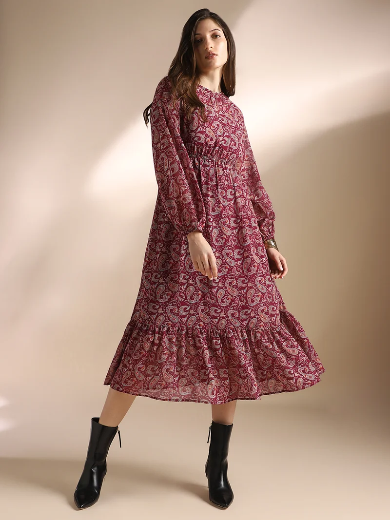 Globus Women Red Paisley Printed Bishop Sleeves Gathered & Pleat Tiered Fit & Flare Midi Dress