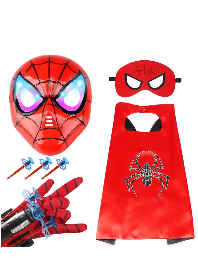 SYOSI Kids Costumes for Spiderman, Super Hero Web Shooter for Kids, Spider Shooter Gloves Toy with Superhero Cape +LED Mask + Eye Mask, Spider Launcher Wrist Toys Costume Cosplay Super Hero Toys Gift - Image 1