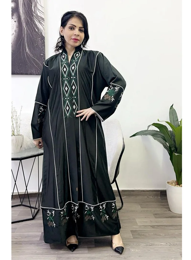 Fashion Line Abaya Sponge-Neck Piping with Embroidered Green