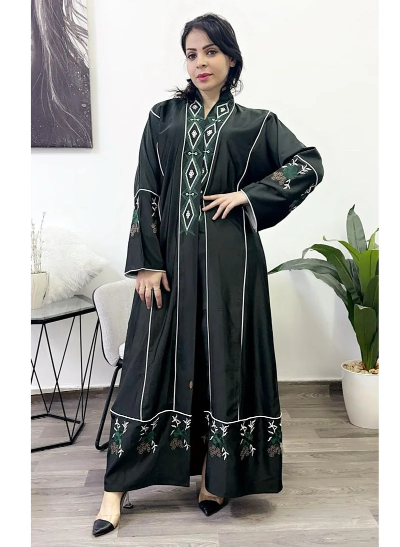 Fashion Line Abaya Sponge-Neck Piping with Embroidered Green