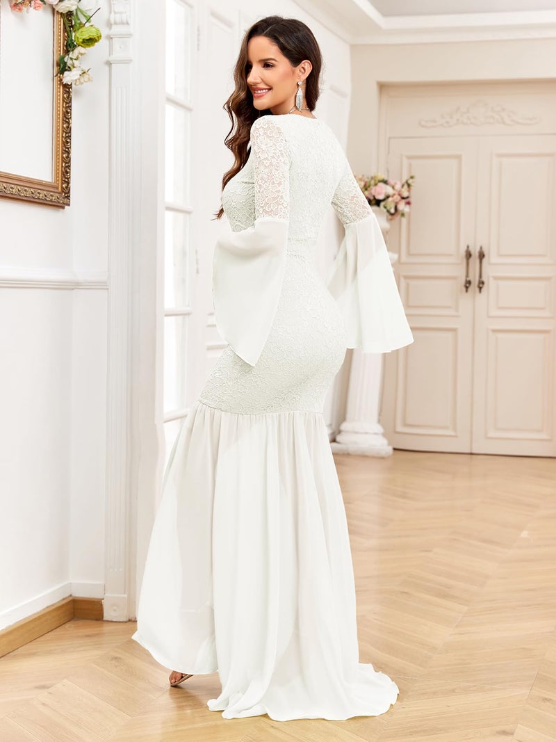 AISWI Maternity Dress Baby Shower Long Bell Sleeve Floral Lace Contrast Chiffon V-Neck Mermaid Pregnancy Photoshoot Gown, White, Medium - Image 4