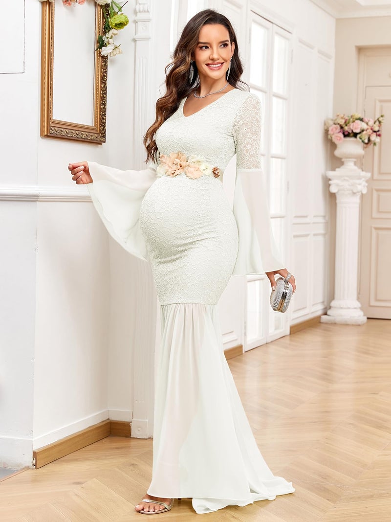 AISWI Maternity Dress Baby Shower Long Bell Sleeve Floral Lace Contrast Chiffon V-Neck Mermaid Pregnancy Photoshoot Gown, White, Medium - Image 2