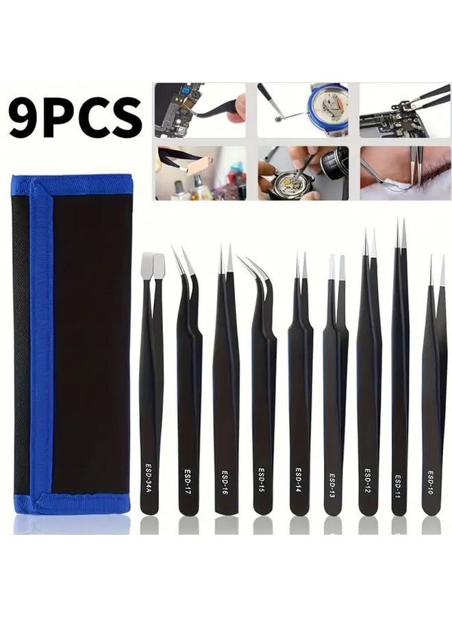 9 Pcs Anti Static Tweezers Set Multifunctional Stainless Steel Kit For Electronics Repair - Image 2