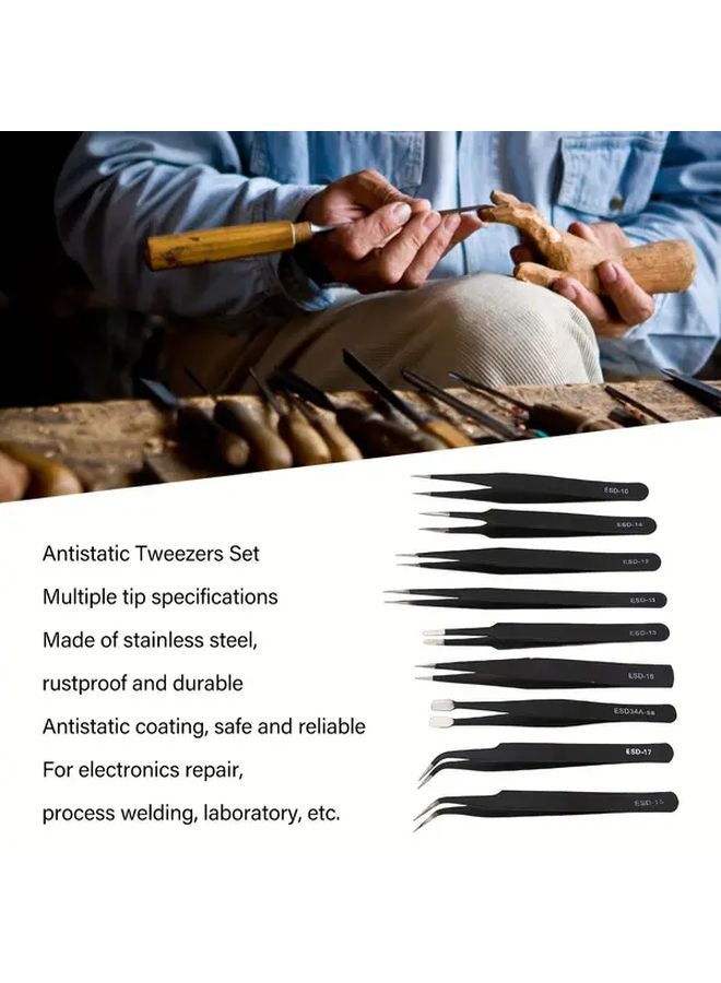 9 Pcs Anti Static Tweezers Set Multifunctional Stainless Steel Kit For Electronics Repair - Image 4