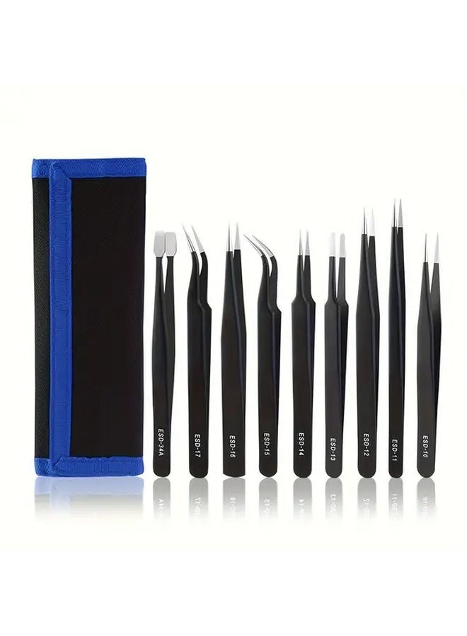 9 Pcs Anti Static Tweezers Set Multifunctional Stainless Steel Kit For Electronics Repair - Image 1