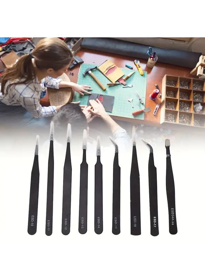 9 Pcs Anti Static Tweezers Set Multifunctional Stainless Steel Kit For Electronics Repair - Image 5