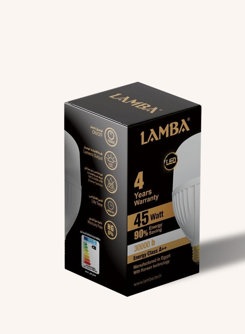 لمبة ليد LAMBA T115 قدرة 45 وات، قاعدة E27، إضاءة دافئة Warm White، موفرة للطاقة حتى 90%، عمر افتراضي 30,000 ساعة، ضمان 4 سنوات - Image 2