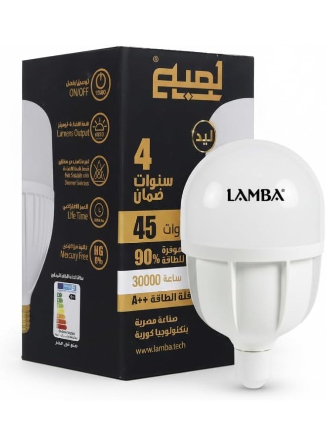 لمبة ليد LAMBA T115 قدرة 45 وات، قاعدة E27، إضاءة دافئة Warm White، موفرة للطاقة حتى 90%، عمر افتراضي 30,000 ساعة، ضمان 4 سنوات - Image 1