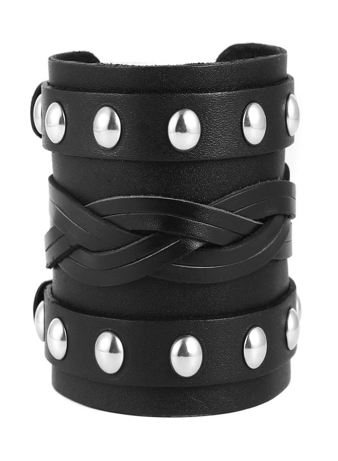 STWTR Men's Wide Cuff Wristband Punk Rock Motorbike Wide Belt Leather Bracelet - Image 1