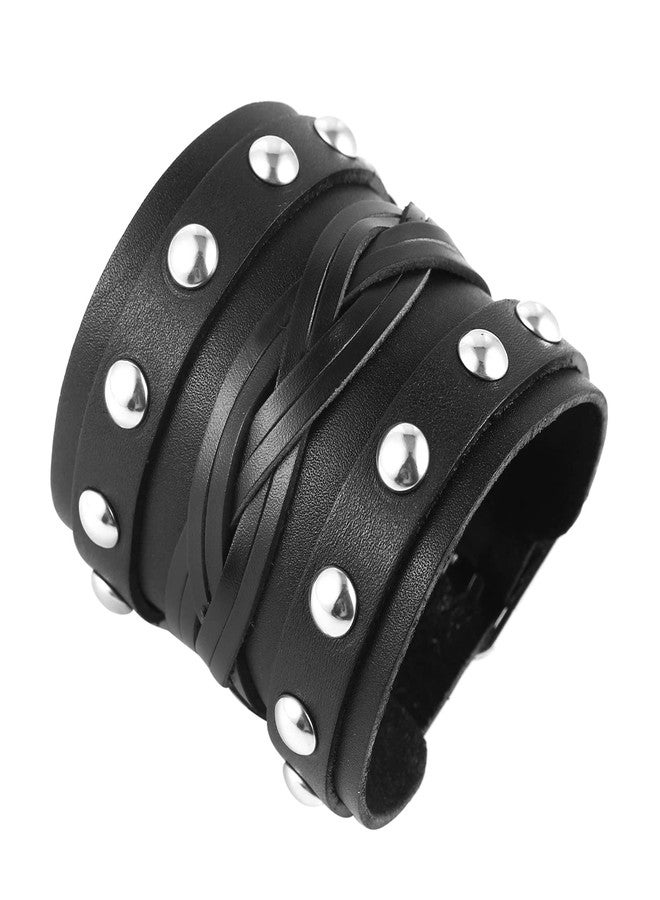 STWTR Men's Wide Cuff Wristband Punk Rock Motorbike Wide Belt Leather Bracelet - Image 3