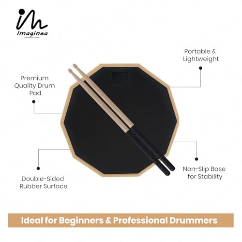 IMAGINEA 12" Drum Practice Pad with Drumsticks | Silent Double-Sided Drum Training Pad for Beginners & Drummers | Non-Slip Rubber Base | Portable Drum Practice Kit - Image 2