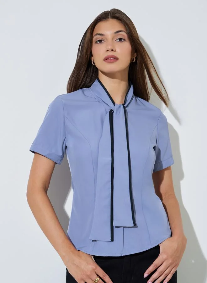 ستايلي Purple Short Sleeve Blouse with Neck-Tie Detail