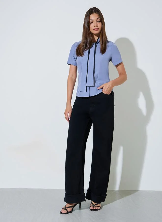 ستايلي Purple Short Sleeve Blouse with Neck-Tie Detail