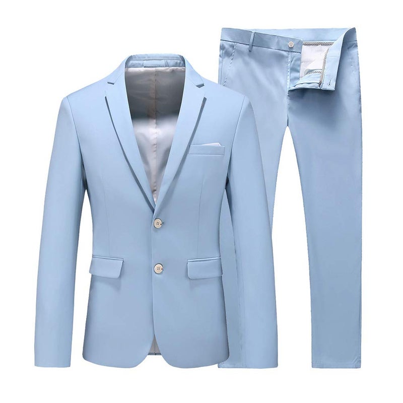UNINUKOO Men's Suit Slim Fit 2 Button 2 Piece Suits for Men Party Formal Dress Solid Tuxedo Blazer Jacket Pants Set US Size 32 Sky Blue - Image 2