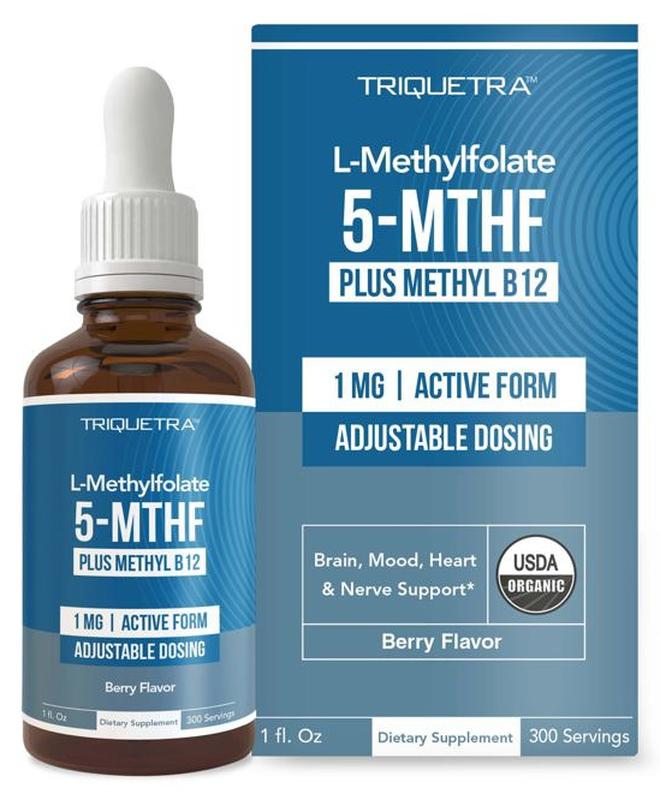Triquetra Health حمض الفوليك الميثيلي العضوي 1000 ميكروغرام + عامل مساعد ميثيل B12 (300 حصة) – شكل 5-MTHF النشط بيولوجيًا، بنكهة التوت العضوي، شكل سائل تحت اللسان – المزاج، الإدراك، الميثلة، الحمل (1 أونصة) - Image 1