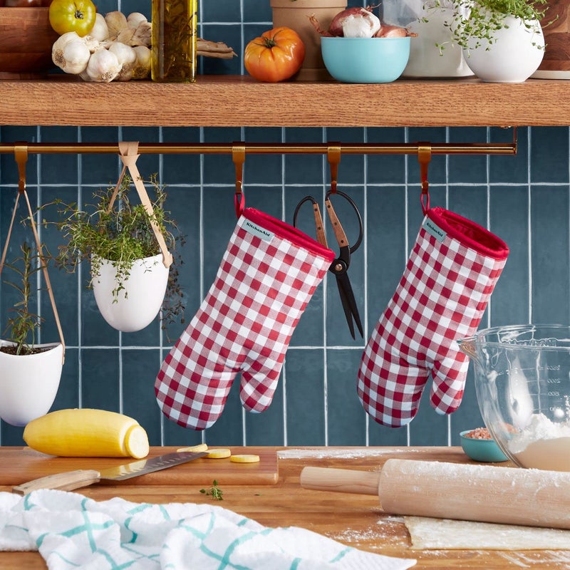 KitchenAid Gingham Oven Mitt 2-Pack Set  Passion Red  7""x13"" - Image 2