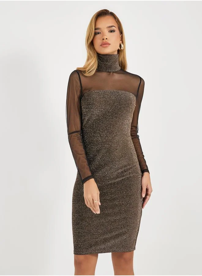 Styli Mesh Insert Glitter Look Knee Length Dress