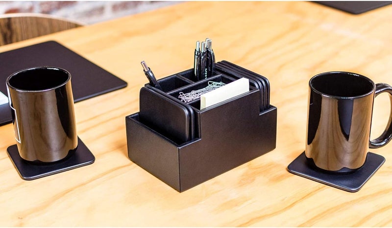 Dacasso Black Leather 8 Round Square Coaster Set with Holder - Image 3