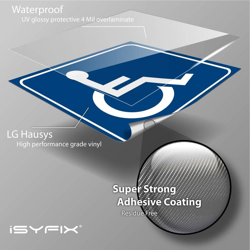 iSYFIX ملصقات علامات الإعاقة - 4 عبوات، 3x3 بوصة - علامة الكرسي المتحرك، ملصق الإعاقة، فينيل ذاتي اللصق عالي الجودة، مغلف، للاستخدام الداخلي والخارجي - Image 3