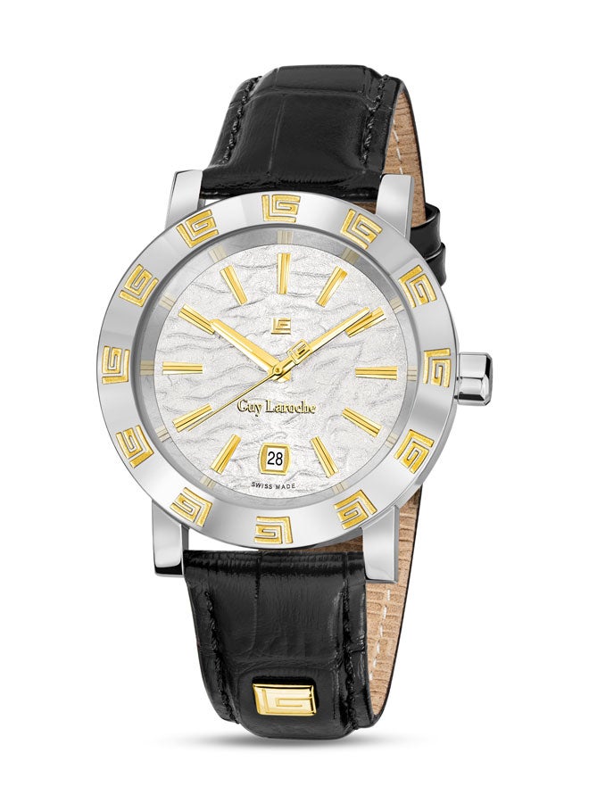 Guy Laroche Alex Gents 40mm Swiss Quartz Watch with White Textured Dial, Gold-Plated Top Ring, Black Leather Strap & Sapphire Glass  - Image 1