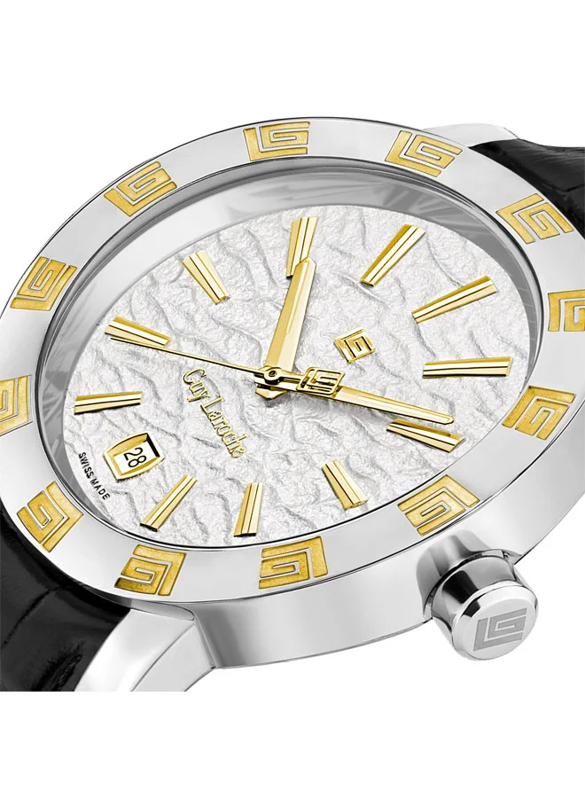 Guy Laroche Alex Gents 40mm Swiss Quartz Watch with White Textured Dial, Gold-Plated Top Ring, Black Leather Strap & Sapphire Glass