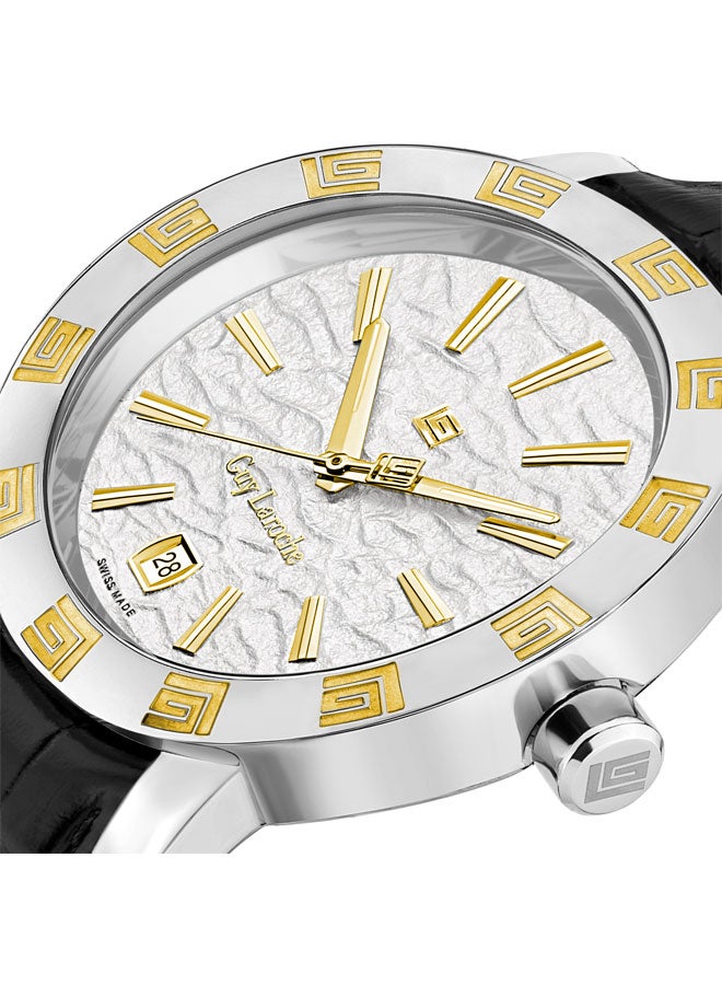 Guy Laroche Alex Gents 40mm Swiss Quartz Watch with White Textured Dial, Gold-Plated Top Ring, Black Leather Strap & Sapphire Glass  - Image 3