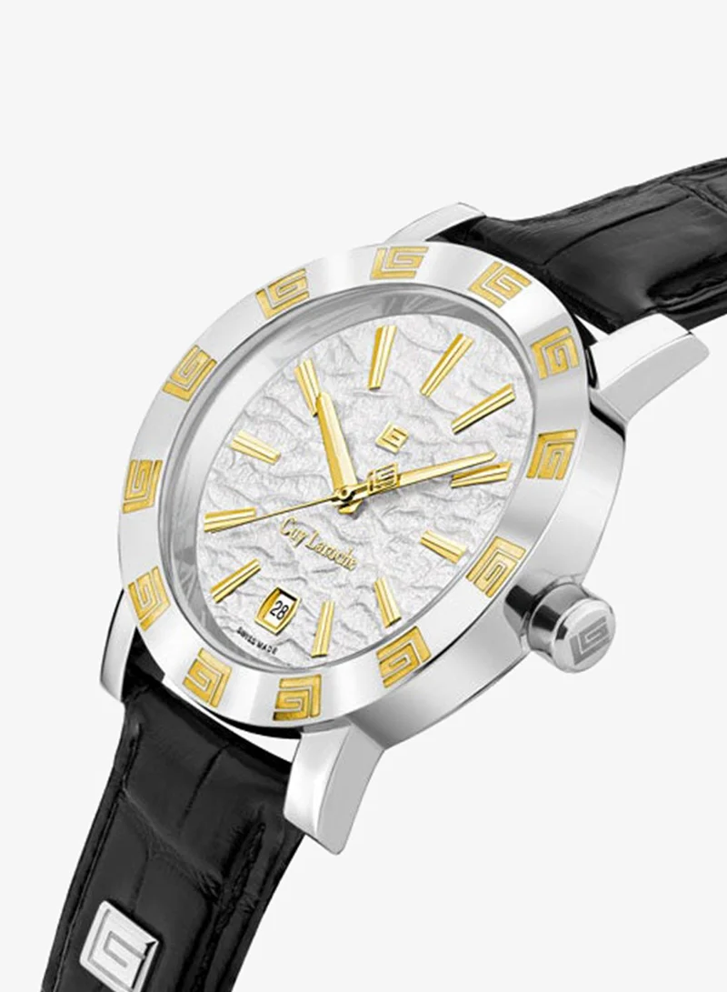Guy Laroche Alex Gents 40mm Swiss Quartz Watch with White Textured Dial, Gold-Plated Top Ring, Black Leather Strap & Sapphire Glass