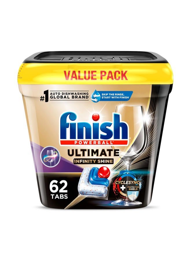 Finish Ultimate Infinity Shine Dishwasher Pods, No Pre-Rinse Dishwasher Detergent Soap Removes Burnt-On Stain, with Protector Shield & CycleSync Technology, Degreasing & Scrubbing Power, 62 Count