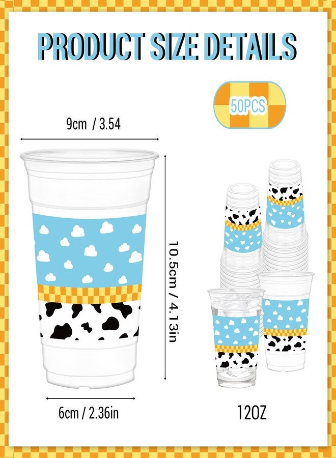 HYMENEX 50 Pcs Cartoon Story Party Cups, 12oz Toy Inspired Cups Blue Sky White Clouds Clear Plastic Cup for Birthday Baby Shower Supplies Cartoon Carnival Theme Party Decorations - Image 3