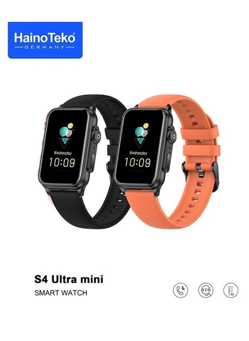 Haino Teko - Germany S4 Ultra Mini Smart Watch – 2 Pair Straps, Compact Design, Wireless Charger, Health & Fitness Tracking, Bluetooth Call, Waterproof, for Men & Women – Black - Image 1