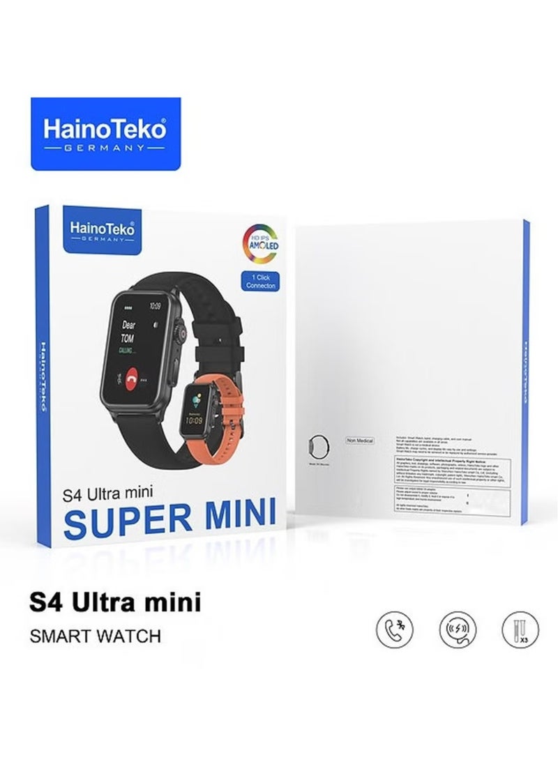 Haino Teko - Germany S4 Ultra Mini Smart Watch – 2 Pair Straps, Compact Design, Wireless Charger, Health & Fitness Tracking, Bluetooth Call, Waterproof, for Men & Women – Black - Image 1