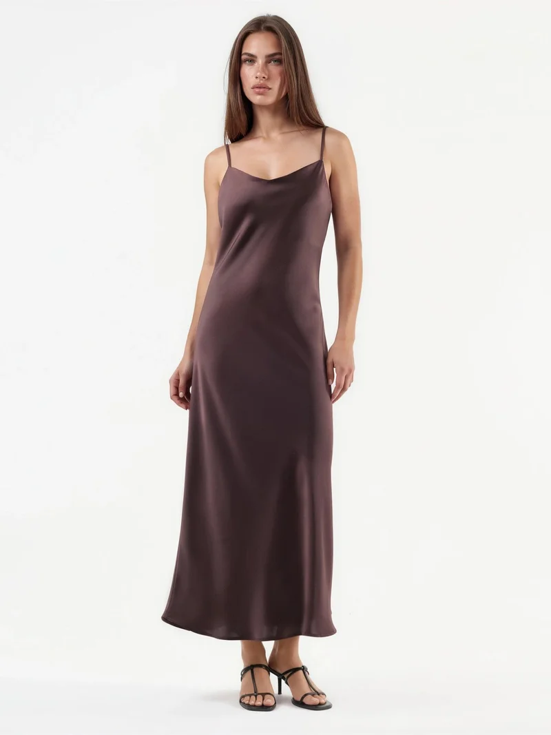 HICCUP Dark Mocha Brown V-Neck Satin A-Line Midi Dress for Women | Best Price UAE