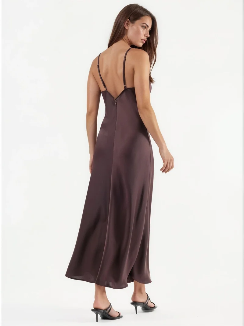 HICCUP Dark Mocha Brown V-Neck Satin A-Line Midi Dress for Women | Best Price UAE