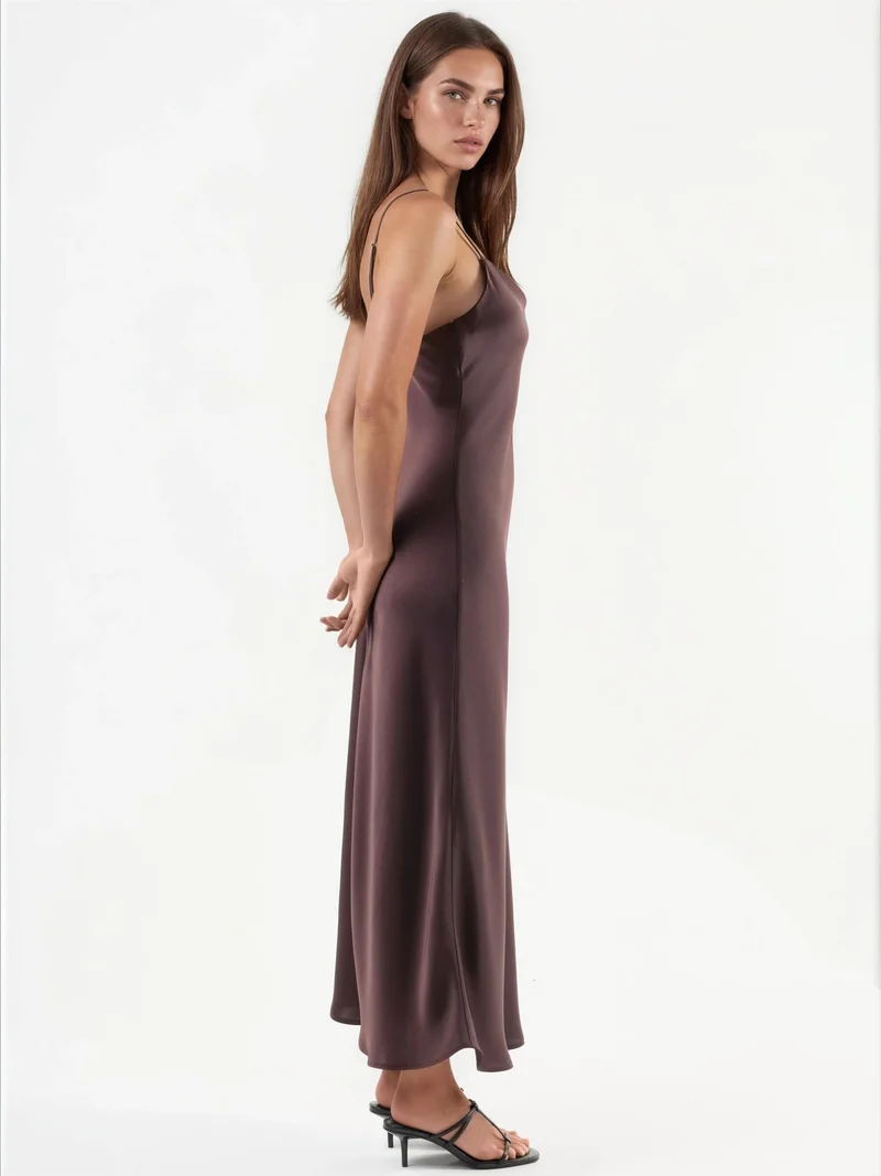 HICCUP Dark Mocha Brown V-Neck Satin A-Line Midi Dress for Women | Best Price UAE