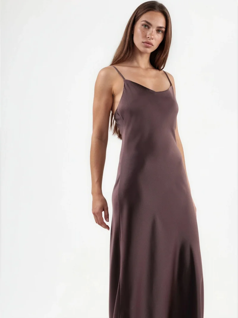 HICCUP Dark Mocha Brown V-Neck Satin A-Line Midi Dress for Women | Best Price UAE