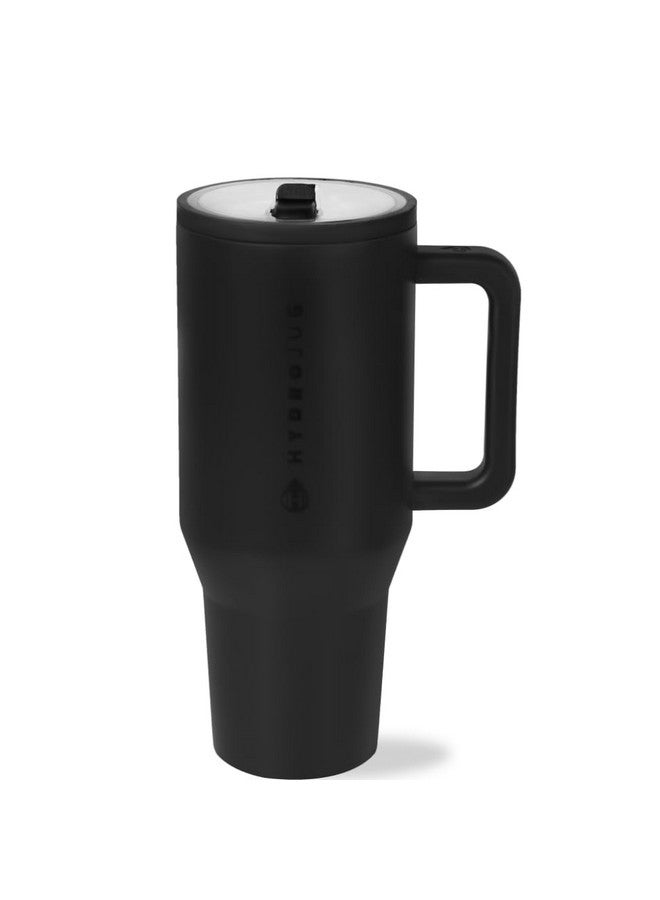 HydroJug هيدروجوج ترافيلر - زجاجة ماء سعة 32 أونصة مع مقبض وقشة قابلة للطي - تناسب حوامل الأكواب، كوب مقاوم للتسرب - قابلة لإعادة الاستخدام من الفولاذ المقاوم للصدأ وقاعدة مطاطية - هدايا للنساء والرجال، أسود - Image 1