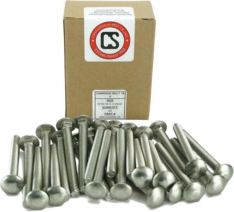 Chenango Supply Stainless 5/16-18 x 3inches Carriage Bolt (1inches to 5inches Lengths Available in Listing), 18-8 Stainless Steel,25 Pieces (5/16-18x3) - Image 2