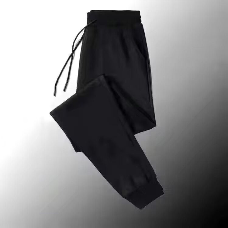 Korean Style Mens Casual Fleece-Lined Warm Sports Pants Leather rope pants black thin 