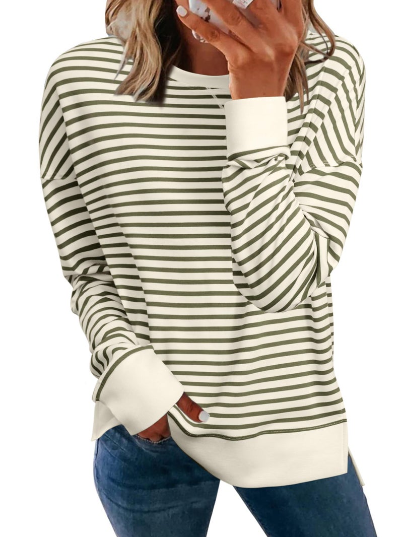 Simplee Apparel Simplee Womens Oversized Sweatshirt Long Sleeve Crewneck Striped Sweatshirt 2025 Fall Air Essentials Pullover Tops Army Green,M - Image 1