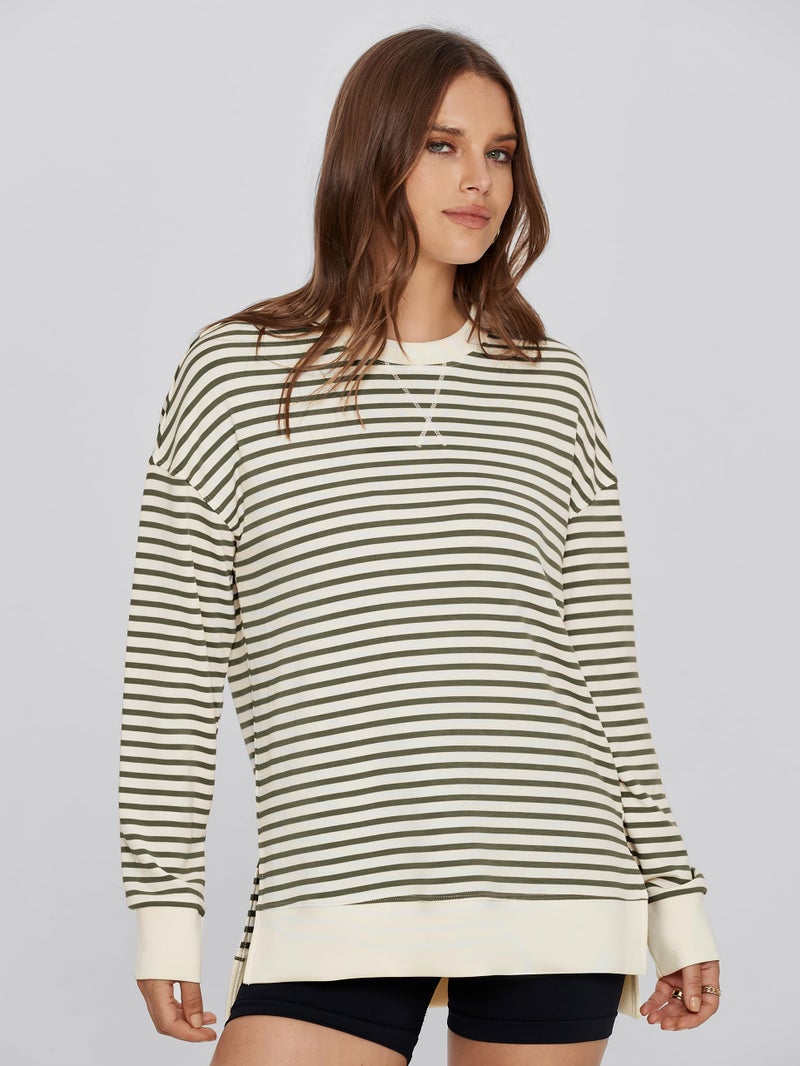 Simplee Apparel Simplee Womens Oversized Sweatshirt Long Sleeve Crewneck Striped Sweatshirt 2025 Fall Air Essentials Pullover Tops Army Green,M - Image 2