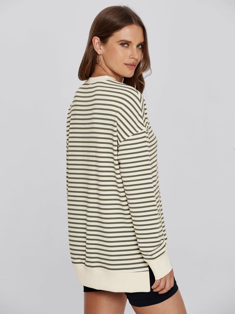 Simplee Apparel Simplee Womens Oversized Sweatshirt Long Sleeve Crewneck Striped Sweatshirt 2025 Fall Air Essentials Pullover Tops Army Green,M - Image 4