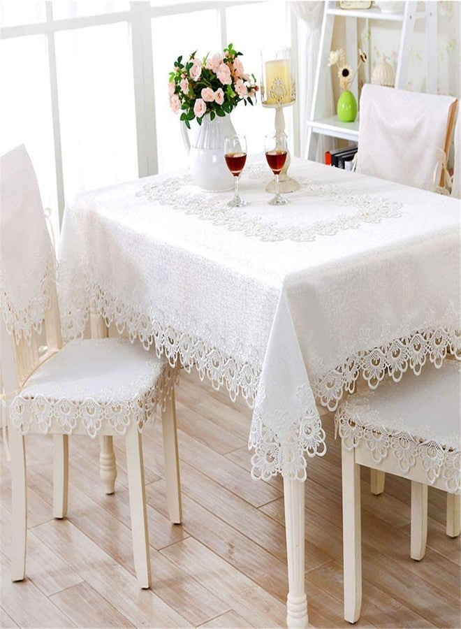 MONKDECOR Starch Cotton Plain Lace 6 Seater Rectangular Dining Table Cover (Size-60x90 Inches) Design-3 (Plain Lace White) - Image 1